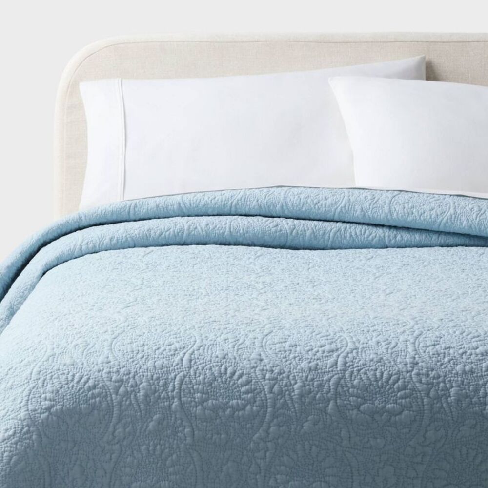 Threshold - Full/Queen Heirloom Floral Stitch Quilt Light Blue Blue